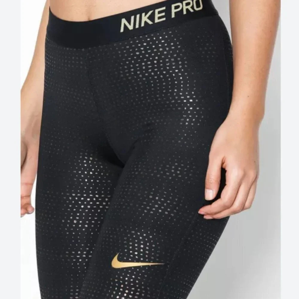 Nike Pro Black & Gold Metallic Dotted Leggings Size Small